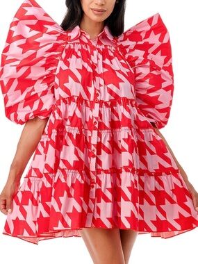 Karen Kane Red and Pink Houndstooth Puff-Sleeve Mini Dress